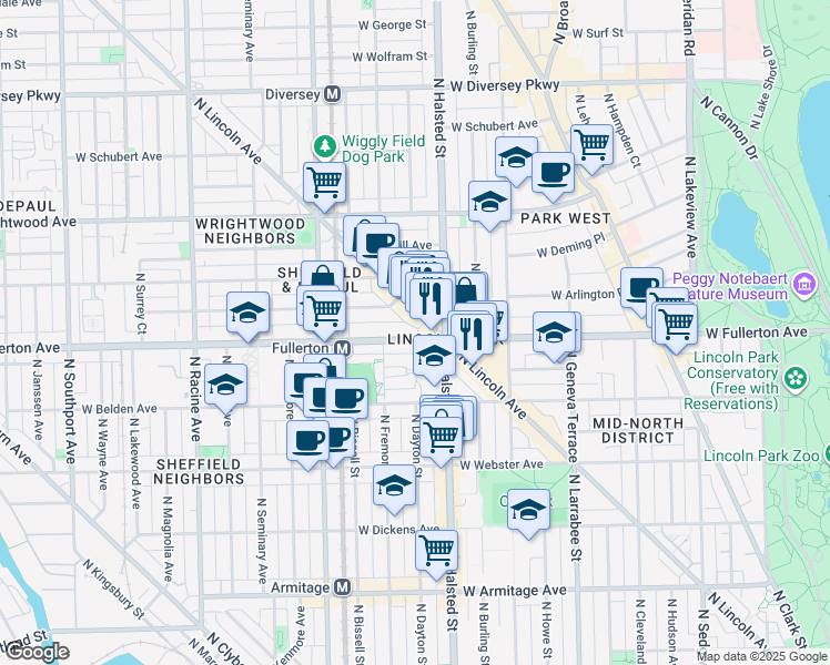 map of restaurants, bars, coffee shops, grocery stores, and more near 828 West Fullerton Avenue in Chicago