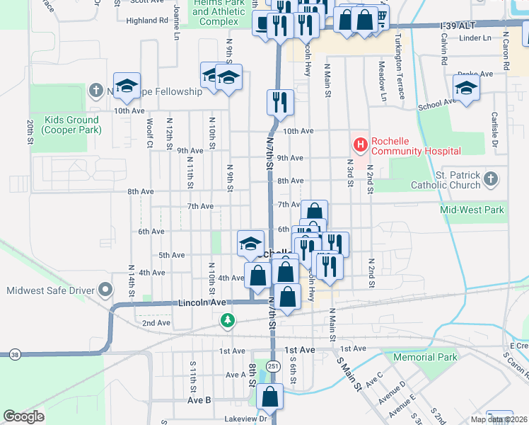 map of restaurants, bars, coffee shops, grocery stores, and more near 621 6th Avenue in Rochelle
