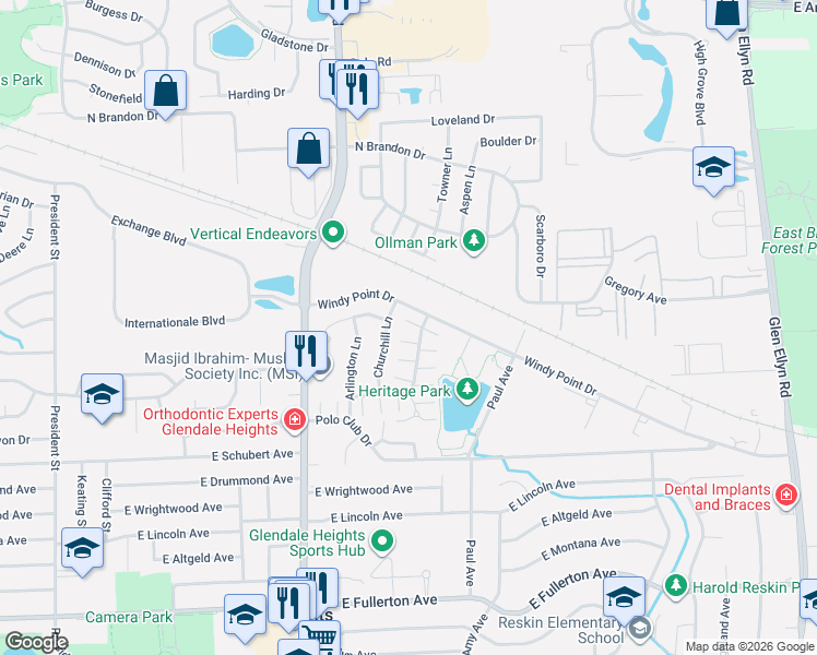 map of restaurants, bars, coffee shops, grocery stores, and more near 1822 Concord Drive in Glendale Heights
