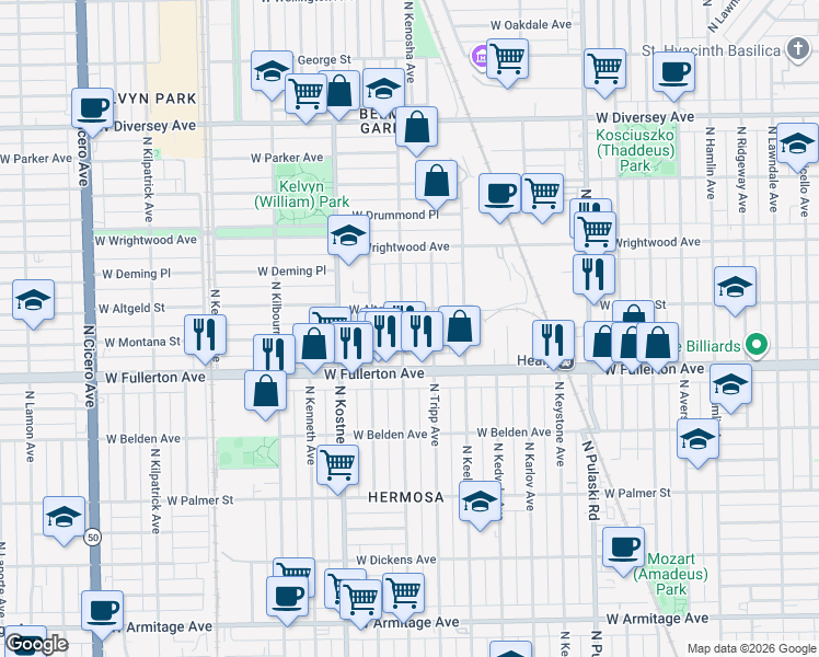 map of restaurants, bars, coffee shops, grocery stores, and more near 2441 North Kildare Avenue in Chicago
