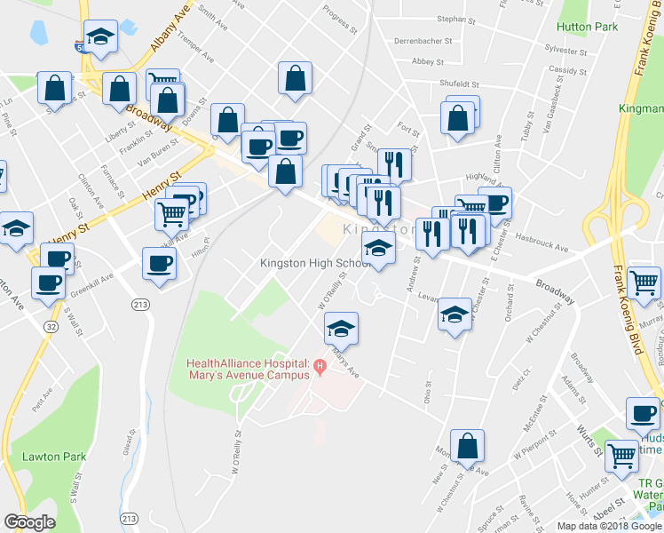 map of restaurants, bars, coffee shops, grocery stores, and more near 54 Hoffman Street in Kingston