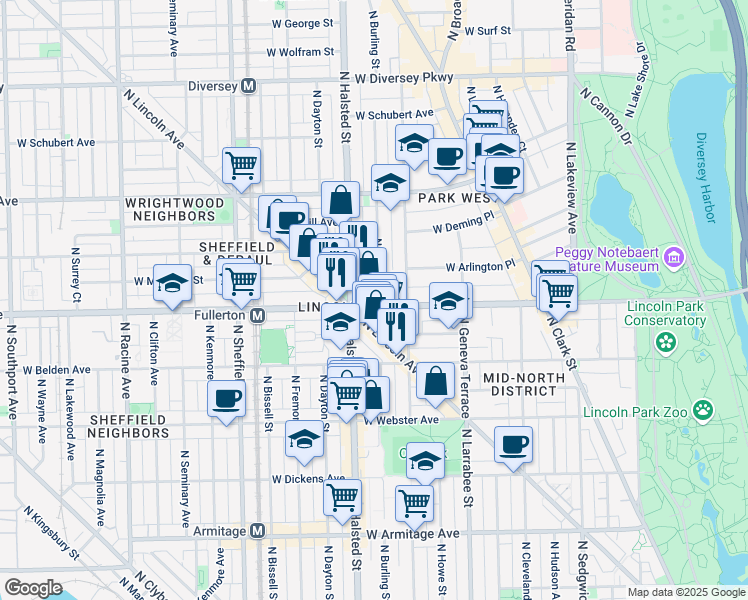 map of restaurants, bars, coffee shops, grocery stores, and more near 2371 North Lincoln Avenue in Chicago