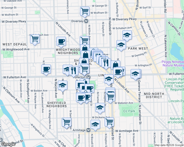 map of restaurants, bars, coffee shops, grocery stores, and more near 935 West Fullerton Parkway in Chicago