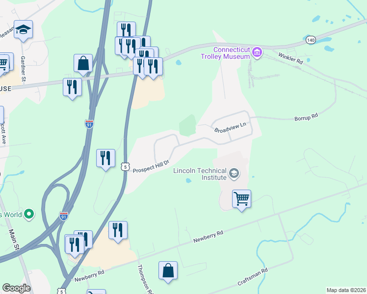 map of restaurants, bars, coffee shops, grocery stores, and more near 37 Prospect Hill Drive in East Windsor
