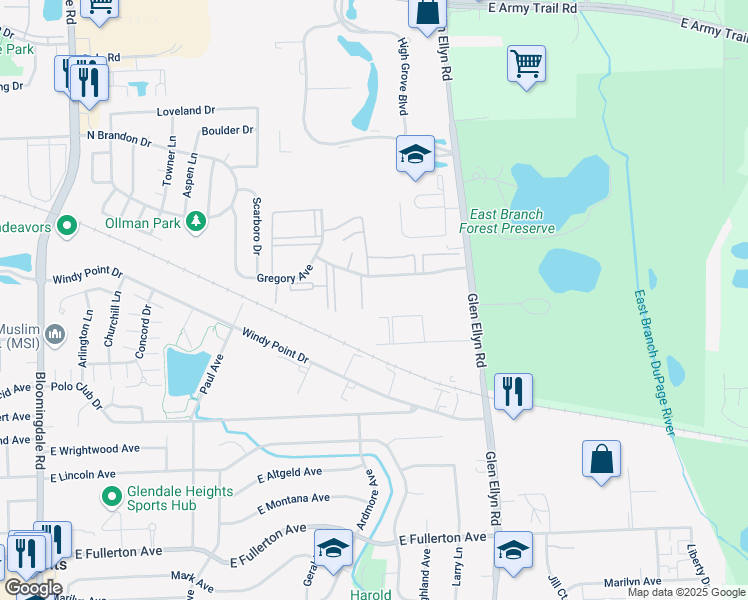 map of restaurants, bars, coffee shops, grocery stores, and more near 497 Gregory Avenue in Glendale Heights