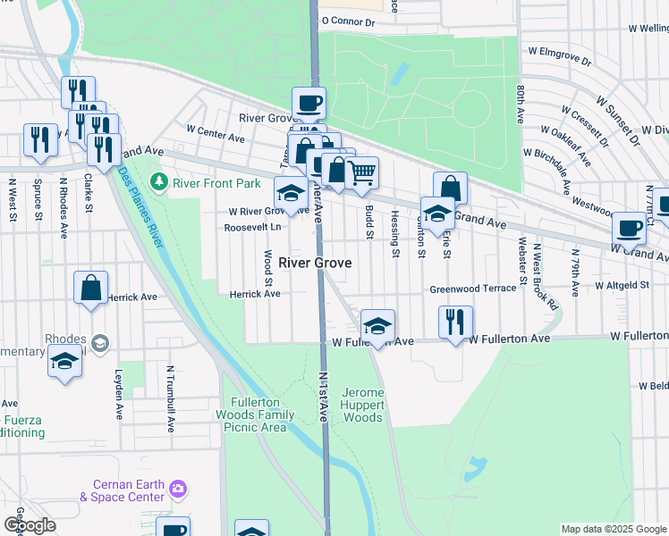 map of restaurants, bars, coffee shops, grocery stores, and more near 2461 North 1st Avenue in River Grove