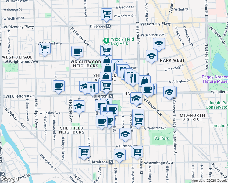 map of restaurants, bars, coffee shops, grocery stores, and more near 935 West Fullerton Parkway in Chicago