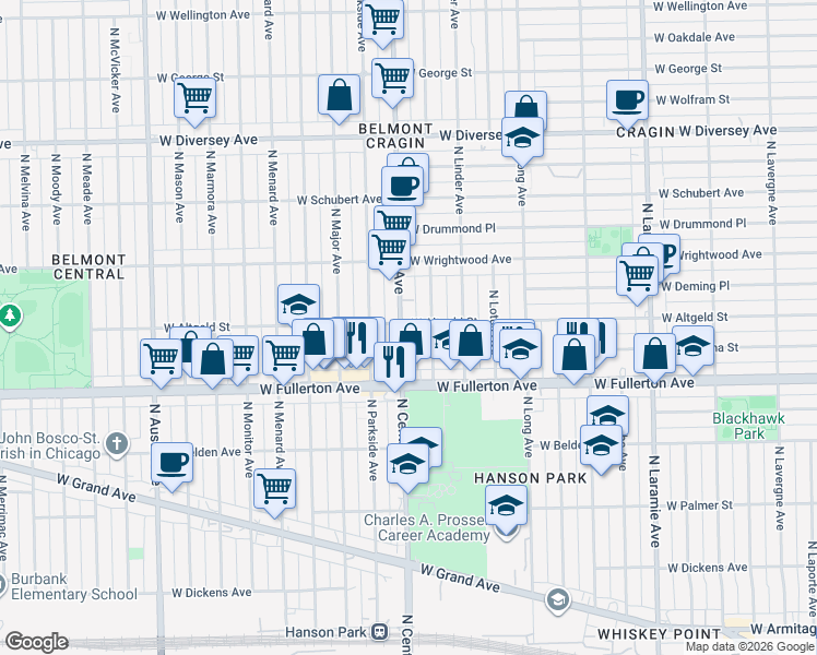 map of restaurants, bars, coffee shops, grocery stores, and more near 2432 North Luna Avenue in Chicago