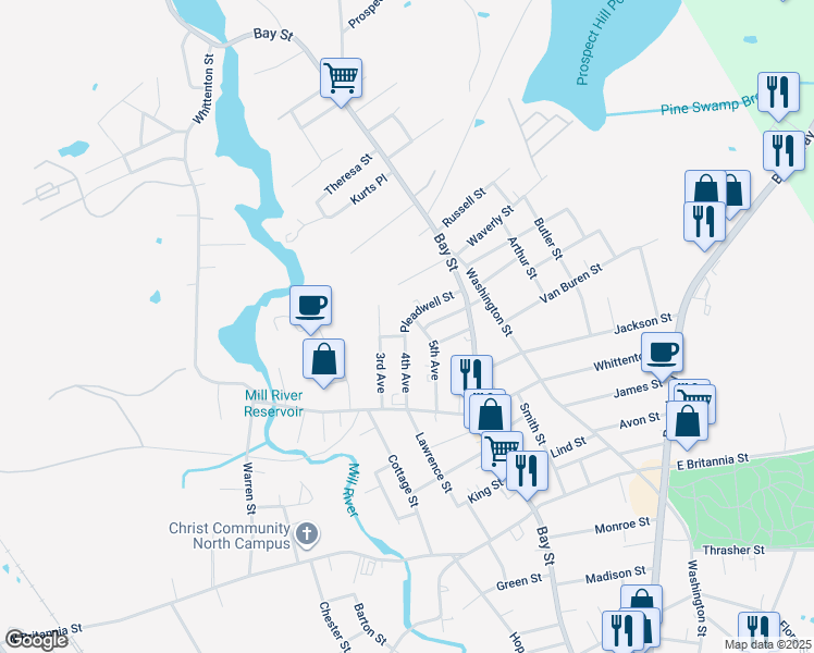 map of restaurants, bars, coffee shops, grocery stores, and more near 17 3rd Avenue in Taunton