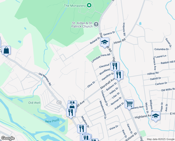 map of restaurants, bars, coffee shops, grocery stores, and more near 57 Garden Street in Cumberland