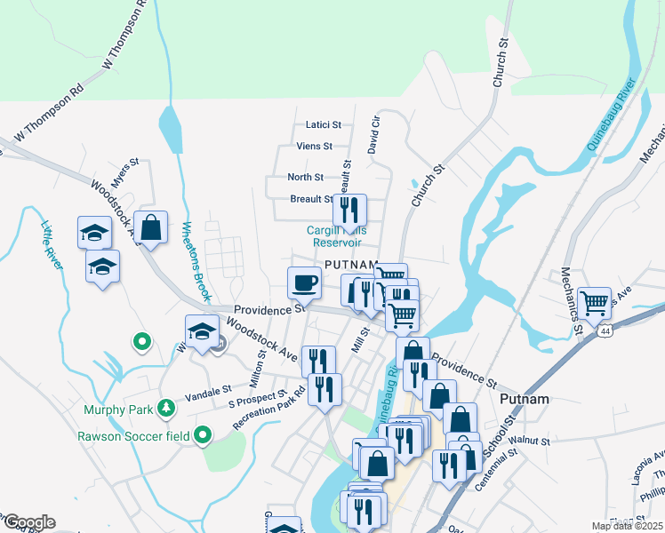 map of restaurants, bars, coffee shops, grocery stores, and more near 69 Battey Street in Putnam