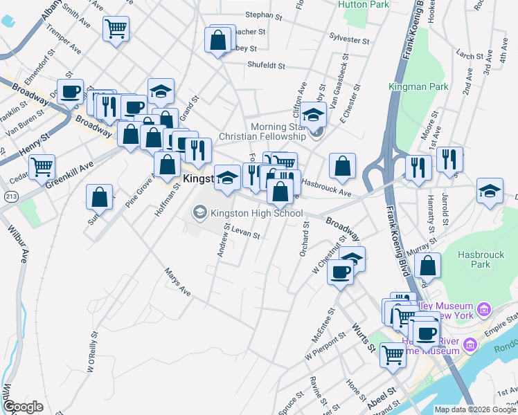 map of restaurants, bars, coffee shops, grocery stores, and more near 25 Staples Street in Kingston