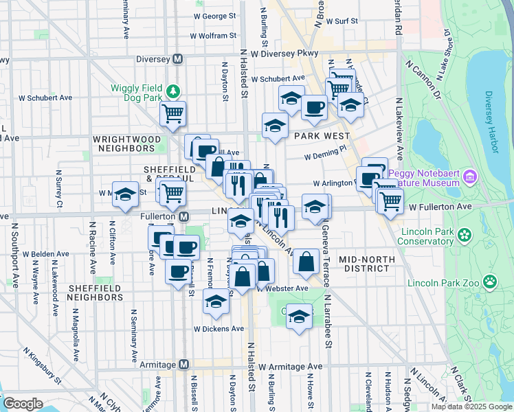 map of restaurants, bars, coffee shops, grocery stores, and more near 2371 North Lincoln Avenue in Chicago