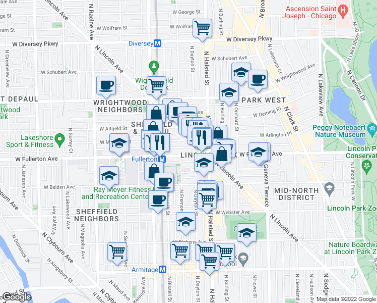map of restaurants, bars, coffee shops, grocery stores, and more near 900 West Fullerton Avenue in Chicago