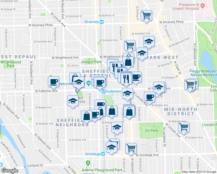 map of restaurants, bars, coffee shops, grocery stores, and more near 935 West Fullerton Parkway in Chicago