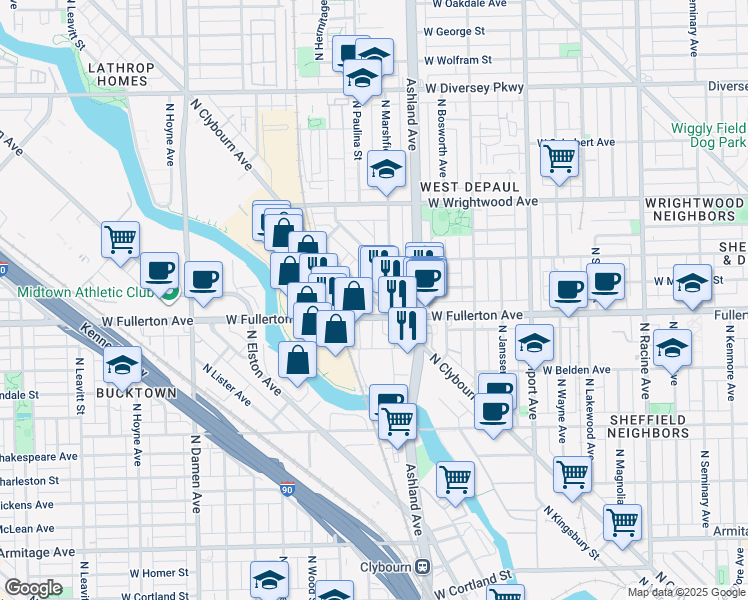 map of restaurants, bars, coffee shops, grocery stores, and more near 1665 West Fullerton Avenue in Chicago