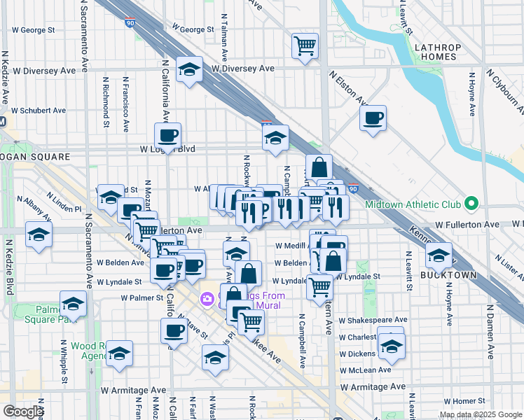 map of restaurants, bars, coffee shops, grocery stores, and more near 2534 West Fullerton Avenue in Chicago