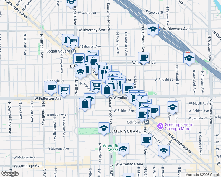 map of restaurants, bars, coffee shops, grocery stores, and more near in Chicago
