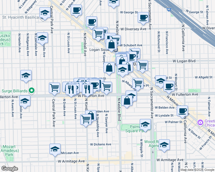 map of restaurants, bars, coffee shops, grocery stores, and more near 3248 West Fullerton Avenue in Chicago