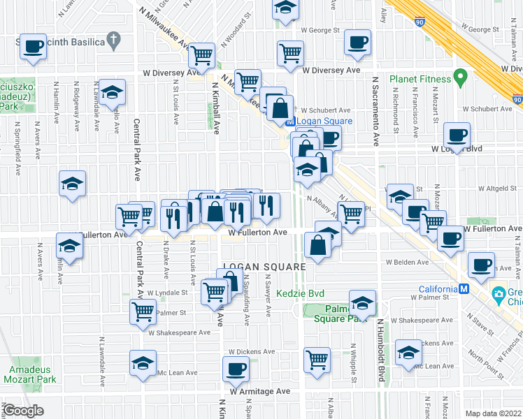 map of restaurants, bars, coffee shops, grocery stores, and more near 3248 West Fullerton Avenue in Chicago