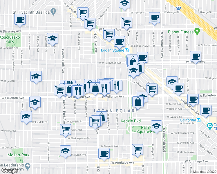 map of restaurants, bars, coffee shops, grocery stores, and more near 3302 West Fullerton Avenue in Chicago