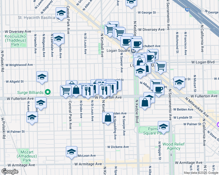 map of restaurants, bars, coffee shops, grocery stores, and more near 3302 West Fullerton Avenue in Chicago