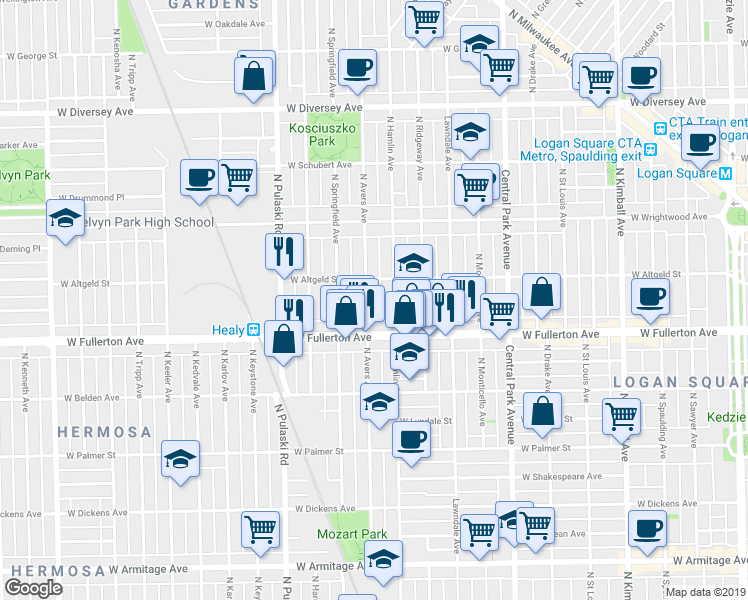 map of restaurants, bars, coffee shops, grocery stores, and more near in Chicago