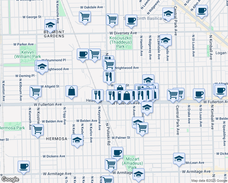 map of restaurants, bars, coffee shops, grocery stores, and more near 2416 North Harding Avenue in Chicago
