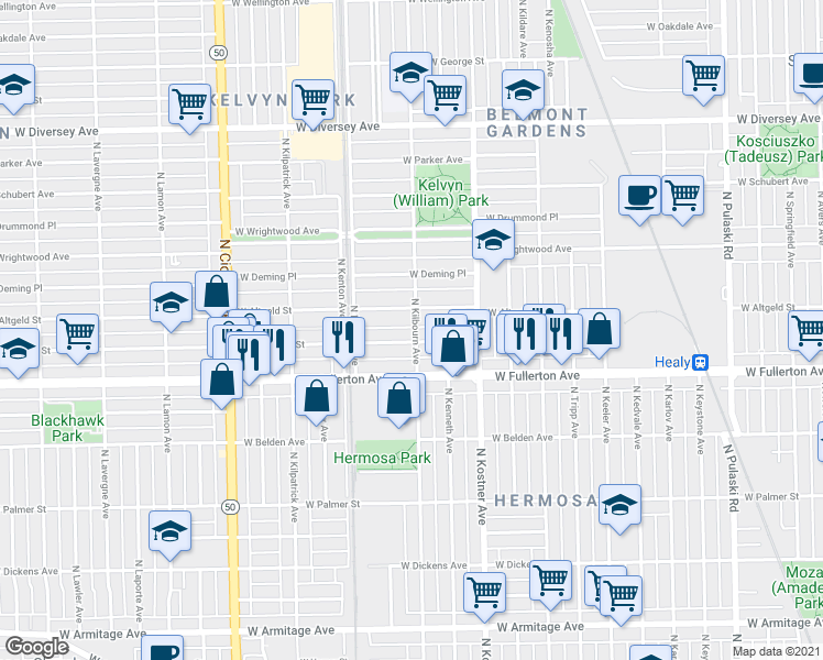 map of restaurants, bars, coffee shops, grocery stores, and more near 4511 West Montana Street in Chicago