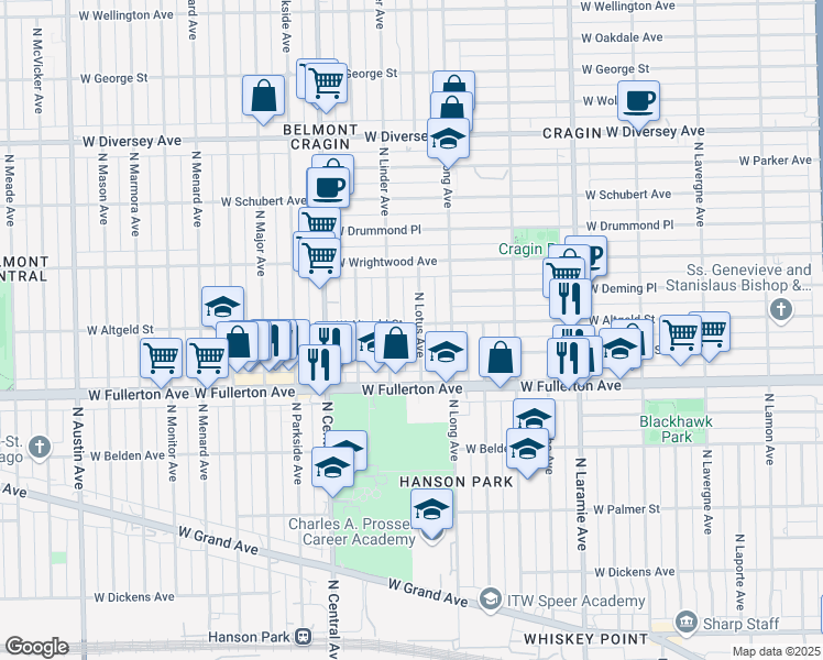 map of restaurants, bars, coffee shops, grocery stores, and more near 2431 North Lotus Avenue in Chicago