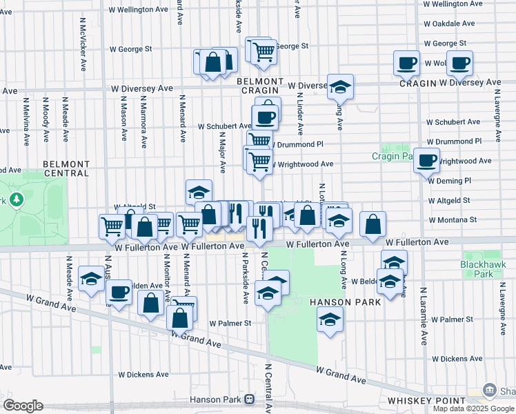 map of restaurants, bars, coffee shops, grocery stores, and more near 2432 North Central Avenue in Chicago