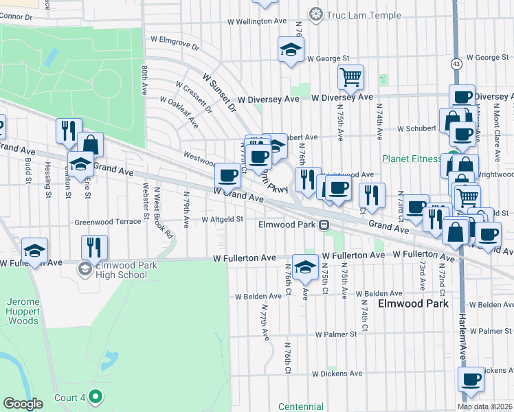 map of restaurants, bars, coffee shops, grocery stores, and more near 2444 North 77th Avenue in Elmwood Park