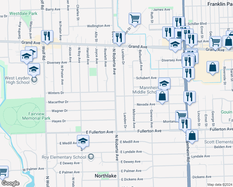 map of restaurants, bars, coffee shops, grocery stores, and more near 2555 North Roberta Avenue in Melrose Park