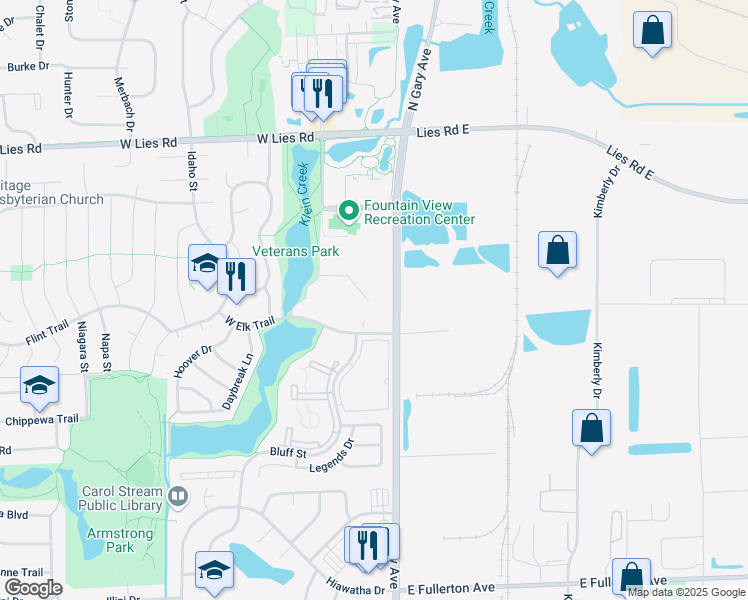 map of restaurants, bars, coffee shops, grocery stores, and more near 111 West Elk Trail in Carol Stream