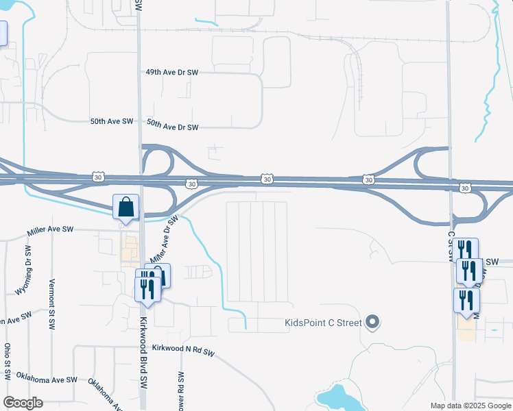 map of restaurants, bars, coffee shops, grocery stores, and more near 100-298 Kohawk in Cedar Rapids