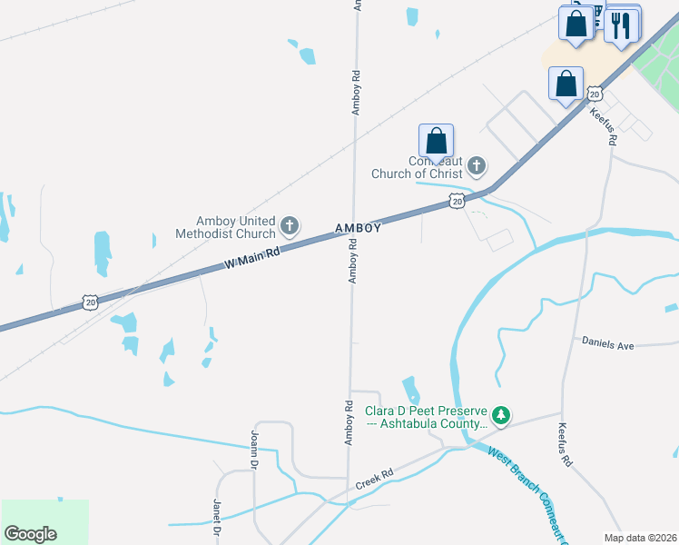map of restaurants, bars, coffee shops, grocery stores, and more near 409 Amboy Road in Conneaut