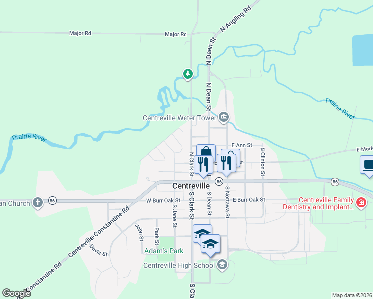 map of restaurants, bars, coffee shops, grocery stores, and more near 205 North Clark Street in Centreville