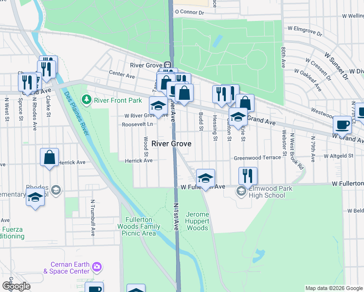 map of restaurants, bars, coffee shops, grocery stores, and more near 2461 North 1st Avenue in River Grove