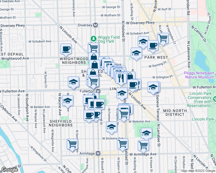 map of restaurants, bars, coffee shops, grocery stores, and more near 900 West Fullerton Avenue in Chicago
