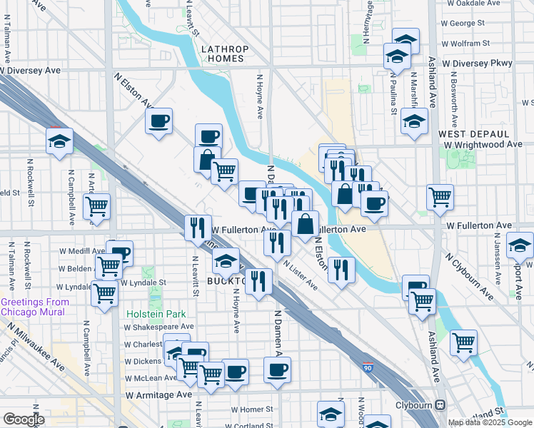 map of restaurants, bars, coffee shops, grocery stores, and more near 2461 North Elston Avenue in Chicago