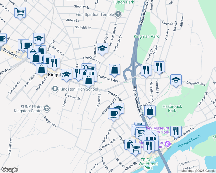 map of restaurants, bars, coffee shops, grocery stores, and more near in Kingston