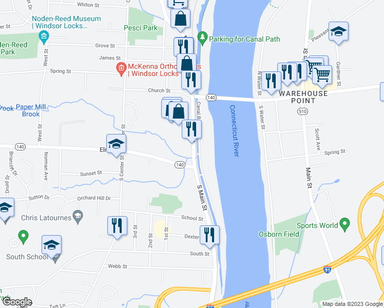 map of restaurants, bars, coffee shops, grocery stores, and more near 14 Main Street in Windsor Locks