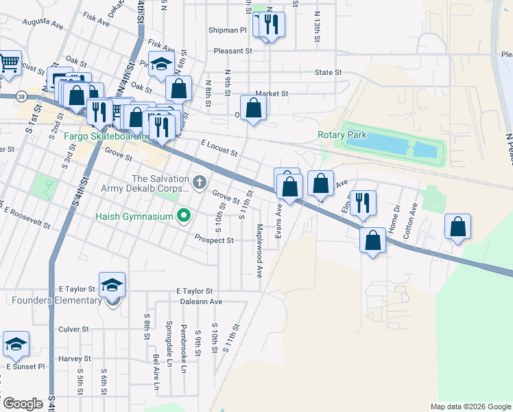 map of restaurants, bars, coffee shops, grocery stores, and more near 1115 Grove Street in DeKalb