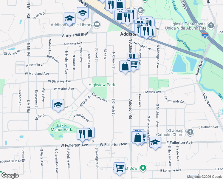 map of restaurants, bars, coffee shops, grocery stores, and more near 59 Ruga Court in Addison