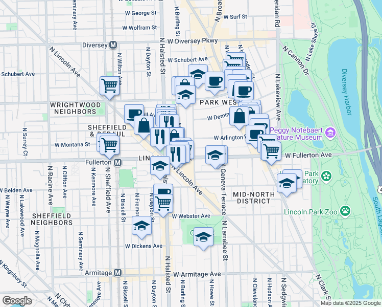 map of restaurants, bars, coffee shops, grocery stores, and more near 700 West Fullerton Avenue in Chicago
