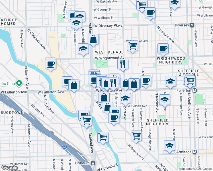 map of restaurants, bars, coffee shops, grocery stores, and more near 2442 North Greenview Avenue in Chicago