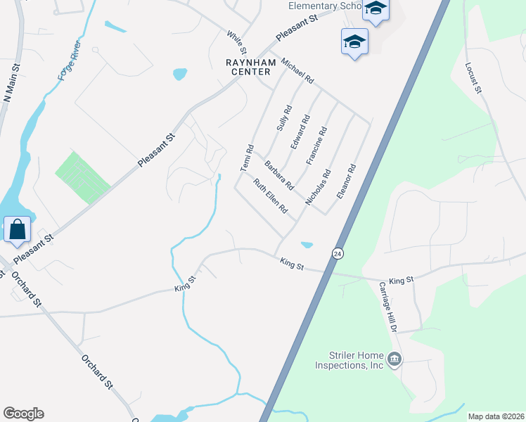 map of restaurants, bars, coffee shops, grocery stores, and more near 242 Temi Road in Raynham