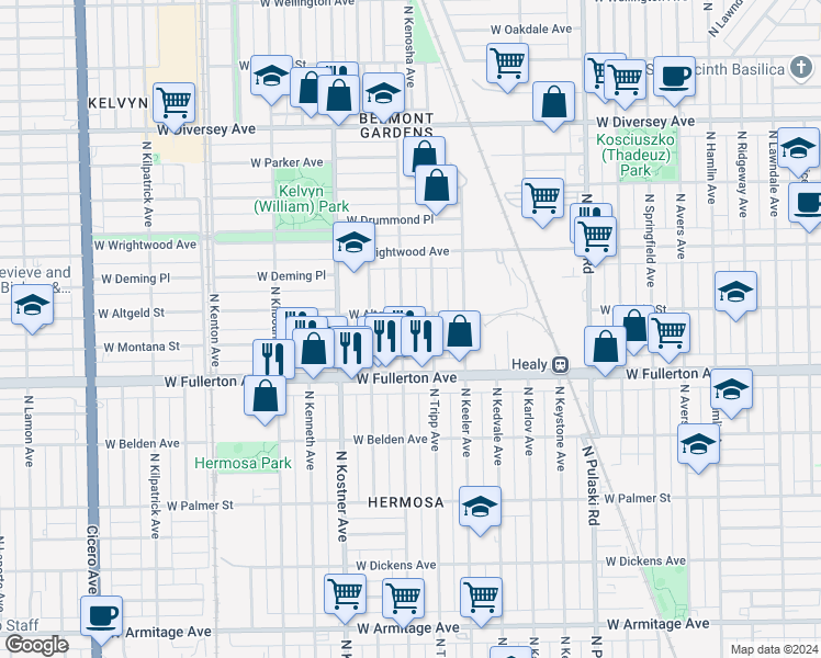map of restaurants, bars, coffee shops, grocery stores, and more near 2443 North Kildare Avenue in Chicago