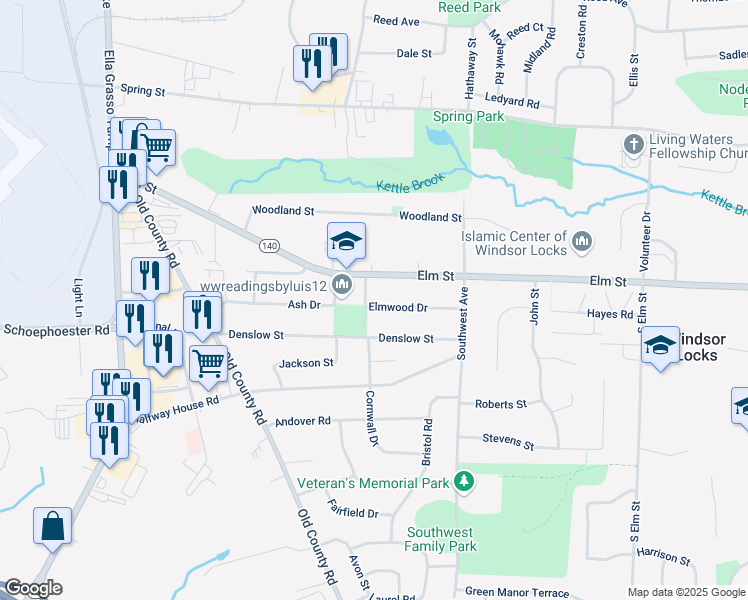 map of restaurants, bars, coffee shops, grocery stores, and more near 459 Elm Street in Windsor Locks