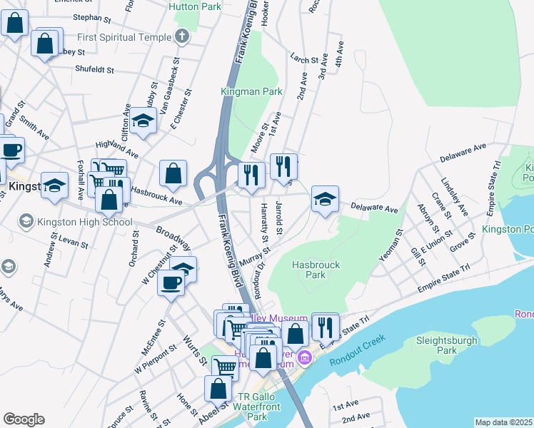 map of restaurants, bars, coffee shops, grocery stores, and more near 501 Delaware Avenue in Kingston